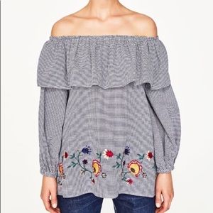 COPY - Zara Embroidered Off the Shoulder Gingham Blouse